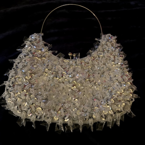 NWOT Silver Sequined & Beaded Evening Bag with Top Handle. Excellent condition. - Picture 2 of 3
